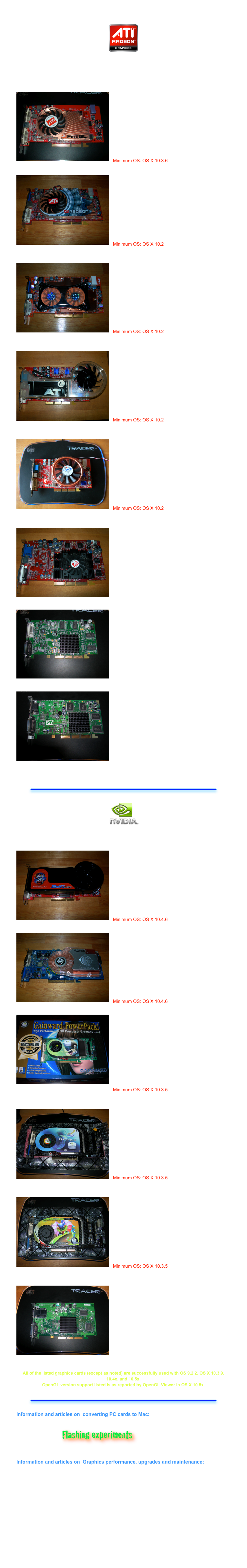 The following are pictures and specs of some of the cards that I use or have used. 
Be sure to check out the articles linked at the bottom of the page.

￼

ATI Radeon Graphics Cards



￼ATI FireGL X800 XT
AGP:  4x, 8x
GPU (R420) Clock: 500 MHz
Memory Clock: 500 MHz (1000 MHz)DDR3
Bandwidth: 32 GB/s
Pixel Pipelines: 16
Bus: 256 bit
ROM: v109 Dual DVI output
VRAM: 256 MB
OpenGL: v 2.1 and lower
Cooling: ATI OEM fan
Minimum OS: OS X 10.3.6

￼ATI Radeon 9800 XT
AGP:  4x, 8x
GPU (R360) Clock: 412 MHz
Memory Clock: 365 MHz (730 MHz)DDR2
Bandwidth: 23.4 GB/s
Pixel Pipelines: 8
Bus: 256 bit
ROM: v130 (v118 Analog only)
VRAM: 256 MB
OpenGL: v 2.1 and lower
Cooling: ATI OEM fan
Minimum OS: OS X 10.2


￼Asus Radeon 9800 XT
AGP:  4x, 8x
GPU (R360) Clock: 412 MHz
Memory Clock: 365 MHz (730 MHz)DDR2
Bandwidth: 23.4 GB/s
Pixel Pipelines: 8
Bus: 256 bit
ROM: 128K v130 (v118 Analog only)
VRAM: 256 MB
OpenGL: v 2.1 and lower
Cooling: Asus (Copper Heat Pipe)
Minimum OS: OS X 10.2


￼ATI Radeon 9800 Pro Mac Edition
AGP: 2x, 4x, 
GPU (R350) Clock: 378 MHz
Memory Clock: 337.5 MHz (675 MHz)DDR2
Bandwidth: 22.4 GB/s
Pixel Pipelines: 8
Bus: 256 bit
ROM: v134
VRAM: 256 MB
OpenGL: v 2.1 and lower
Cooling: ATI Silencer 1 rev. 2
Minimum OS: OS X 10.2


￼ATI Radeon 9800 Pro (Flashed PC edition)
AGP: 2x, 4x, 8x
GPU (R350) Clock: 378 MHz
Memory Clock: 337.5 MHz (675 MHz)DDR2
Bandwidth: 21.7 GB/s
Pixel Pipelines: 8
Bus: 256 bit
ROM: 128K v130
VRAM: 128 MB
OpenGL: v 2.1 and lower
Cooling: Zalman VF900-Cu Heatpipe 
Minimum OS: OS X 10.2


￼ATI Radeon 9700 Pro (Flashed PC edition)
AGP: 2x, 4x, 8x
GPU (R300) Clock: 325 MHz
Memory Clock: 310 MHz (620 MHz)DDR2
Bandwidth: 19.8 GB/s
Pixel Pipelines: 8
Bus: 256 bit
ROM: 128K v130
VRAM: 128 MB
OpenGL: v 2.1 and lower
Cooling: OEM Fan


￼ATI Radeon 9000 Pro Mac Edition (Retail)
AGP: 2x, 4x
GPU R200 (RV250) Clock:  274.5 MHz
Memory Clock:  249.45 MHz DDR
Bandwidth:  8.8 GB/s
Pixel Pipelines: 4
Bus:  128 bit
ROM: v142
VRAM: 64 MB
OpenGL: v1.3 and lower
Cooling: Passive


￼Apple Radeon 7500
AGP: 2x, 4x
GPU R100 (RV200) Clock:  290 MHz
Memory Clock:  230 MHz DDR 
Bandwidth: 7.4 GB/s
Pixel Pipelines: 2
Bus: 128 bit
ROM: v1.3 and lower
VRAM: 32 MB
OpenGL: v and lower
Cooling: Passive





￼


￼

Nvidia Geforce Graphics Cards

￼Gainward Bliss 7800GS (Flashed PC edition)
AGP: 4x, 8x
GPU (N70) Clock: 425 MHz
Memory Clock: 600 MHz (1200 MHz)GDDR3
Bandwidth: 38.4 GB/s
Pixel Pipelines: 20
Bus: 256 bit
ROM: 128K v2150.2
VRAM: 512 MB
OpenGL: v 2.1 and lower
Cooling: Arctic Cooling
Minimum OS: OS X 10.4.6

￼BFG 7800GS OC (Flashed PC edition)
AGP: 4x, 8x
GPU (N70) Clock: 400 MHz
Memory Clock: 625 MHz (1250 MHz)GDDR3
Bandwidth: 40 GB/s
Pixel Pipelines: 16
Bus: 256 bit
ROM: v2150
VRAM: 256 MB
OpenGL: v 2.1 and lower
Cooling: BFG
Minimum OS: OS X 10.4.6

￼
Gainward Geforce 6800 Ultra (Flashed PC edition)
AGP: 4x, 8x
GPU (N40) Clock: 400 MHz
Memory Clock: 550 MHz (1100 MHz)GDDR3
Bandwidth: 35.2 GB/s
Pixel Pipelines: 16
Bus: 256 bit
ROM: v2130
VRAM: 256 MB
OpenGL: v 2.1 and lower
Cooling: Cooler Master
Minimum OS: OS X 10.3.5


￼Inno3D Geforce 6800 GT (Flashed PC edition)
AGP: 4x, 8x
GPU (N40) Clock: 350 MHz
Memory Clock: 500 MHz (1000 MHz)GDDR3
Bandwidth: 32 GB/s
Pixel Pipelines: 16
Bus: 256 bit
ROM: v2121m
VRAM: 256 MB
OpenGL: v 2.1 and lower
Cooling: Cooler Master
Minimum OS: OS X 10.3.5


￼POV Geforce 6800 GT (Flashed PC edition)
AGP: 4x, 8x
GPU (N40) Clock: 350 MHz
Memory Clock: 500 MHz (1000 MHz)GDDR3
Bandwidth: 32 GB/s
Pixel Pipelines: 16
Bus: 256 bit
ROM: v2121m
VRAM: 256 MB
OpenGL: v 2.1 and lower
Cooling: Cooler Master
Minimum OS: OS X 10.3.5


￼Apple Geforce4 MX 
AGP: 2x, 4x
GPU (NV17) Clock: 270MHz
Memory Clock: 400 MHz DDR
Bandwidth: 6.4GB/s
Pixel Pipelines: 2
Bus: 128 bit
ROM: v1091
VRAM: 64 MB
OpenGL: v1.1 and lower
Cooling: Passive



All of the listed graphics cards (except as noted) are successfully used with OS 9.2.2, OS X 10.3.9, 10.4x, and 10.5x.
OpenGL version support listed is as reported by OpenGL Viewer in OS X 10.5x.


￼


Information and articles on  converting PC cards to Mac:


            ￼


Information and articles on  Graphics performance, upgrades and maintenance:

Graphics Card Benchmarks

G4 AGP Graphics Card Upgrades: Part 1- OS 9

G4 (and G5) AGP Graphics Card Upgrades: Part 2- OS X

PCIe Graphics Upgrades for the Dual Core G5

Graphics Card Cleaning and Thermal Compound Replacement 

Radeon 9800 Pro Heat sink Disassembly

Radeon 9800 XT Disassembly


